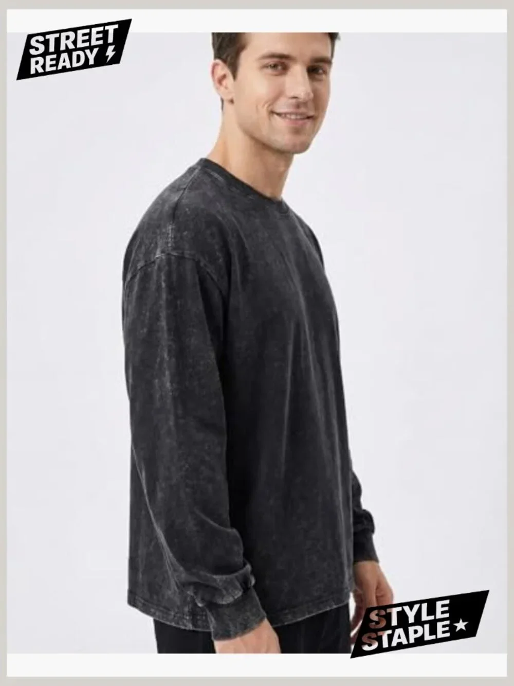 Vintage Wash Heavyweight Long Sleeve Tee Oversized Crew Neck - Picture 2 of 7